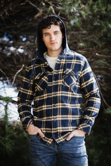 Hooded Plaid Flannel Shirt for Men in Navy