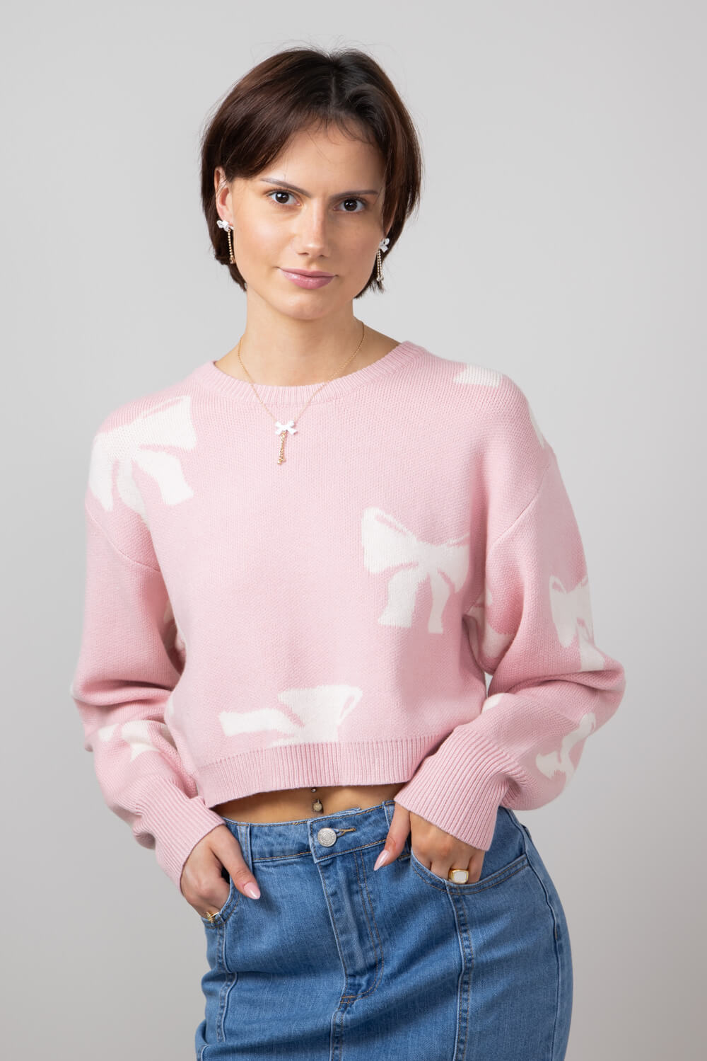 White Bow Sweater for Women in Pink IWT4021 PINKWHITE Glik s