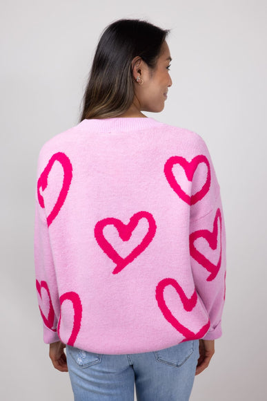 Long Sleeve Pink Hearted Sweater for Women in Pink 