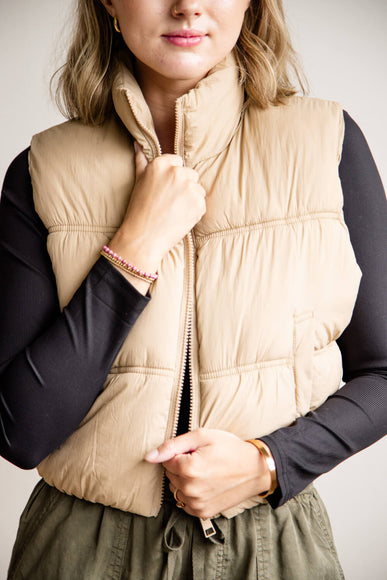 Love Tree Crinkle Puffer Vest for Women in Khaki