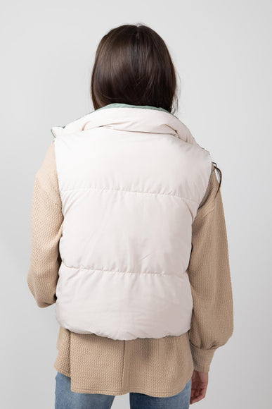 Love Tree Cropped Reversible Puffer Vest for Women in Olive/Beige 