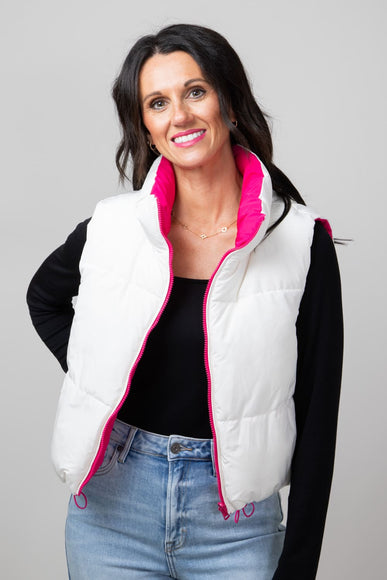 Love Tree Cropped Reversible Puffer Vest for Women in White/Fuchsia