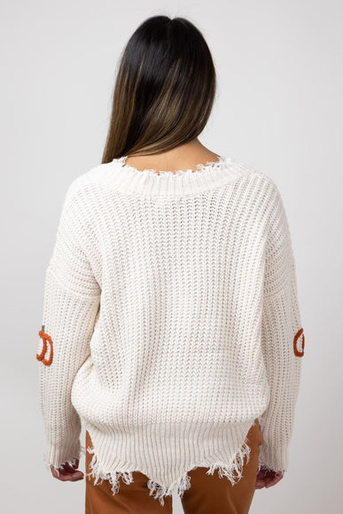 Pumpkin Patch V-Neck Frayed Sweater for Women in Ivory