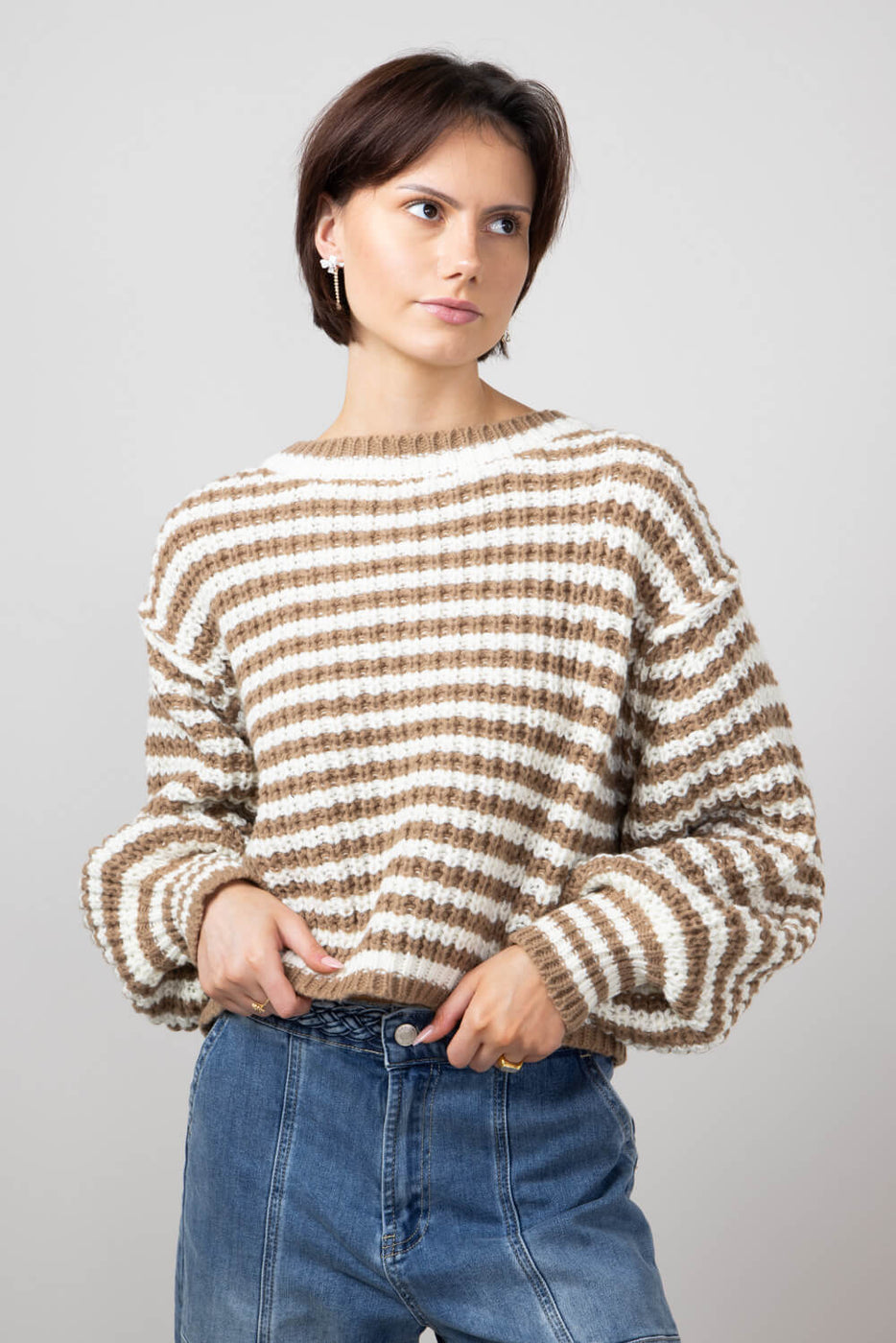 Striped Drop Shoulder Sweater for Women in Off White Taupe SWT7397 O Glik s