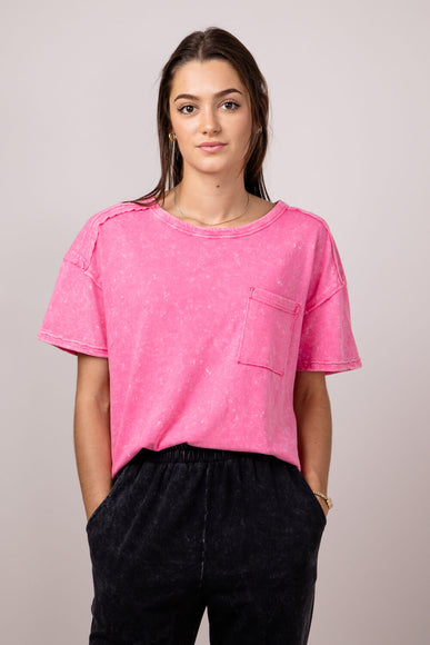 Mineral Wash Knit T-Shirt for Women in Pink