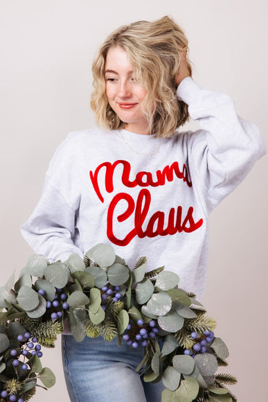 1897 Active Mama Clause Embroidered Fleece Sweatshirt for Women in Ice Grey