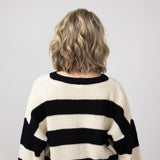 La Miel Striped Waffle Knit Loose Fit Sweater for Women in Black/Cream