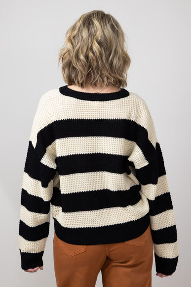 La Miel Striped Waffle Knit Loose Fit Sweater for Women in Black/Cream