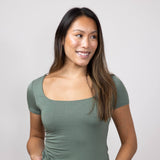 Seamless Double Layer Knit T-Shirt for Women in Olive