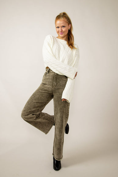 Washed Frayed Flare Jeans for Women in Olive