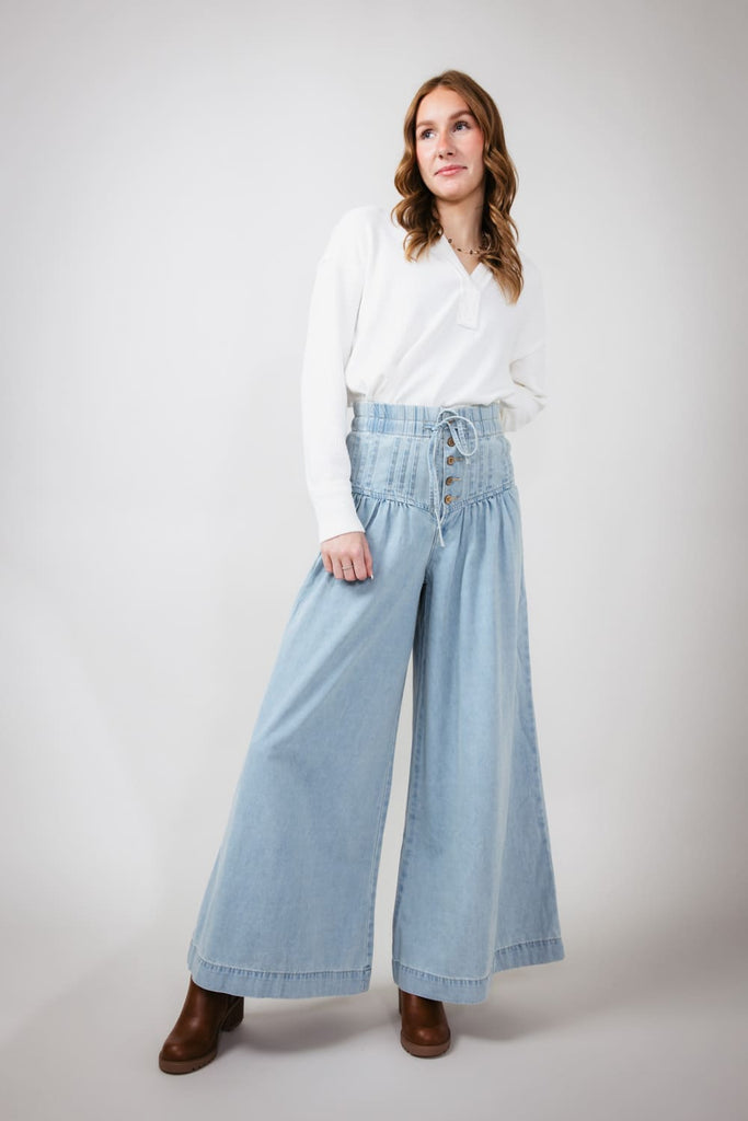 Yoke Pintuck Wide Leg Denim Pants for Women | MAP2991-DENIM – Glik's