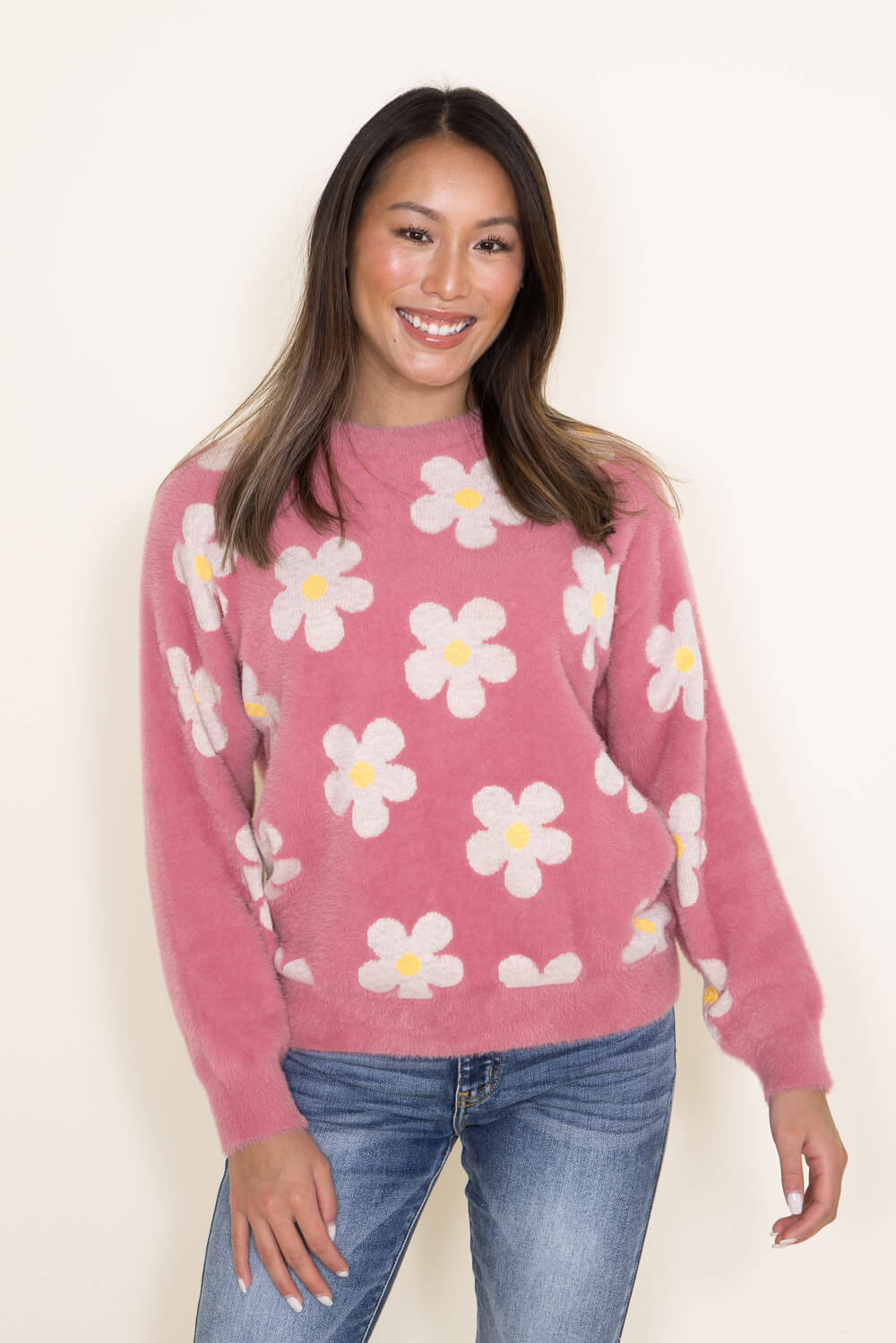 Simply Southern Fuzzy Daisy Print Crewneck Sweater for Women in Pink