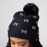 C.C. Rhinestone Mini Bow Pom-Pom Beanie for Women in Black