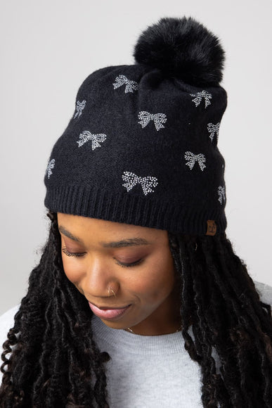 C.C. Rhinestone Mini Bow Pom-Pom Beanie for Women in Black