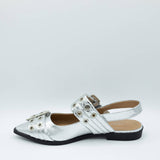  Soda Grillo Buckle Sling Flats for Women in Silver 