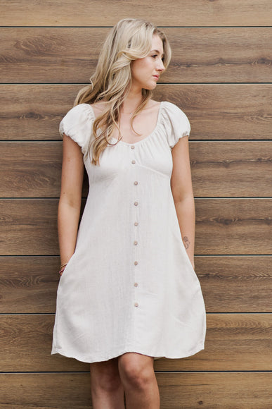  Linen Flare Button Detail Dress for Women in Oatmeal 