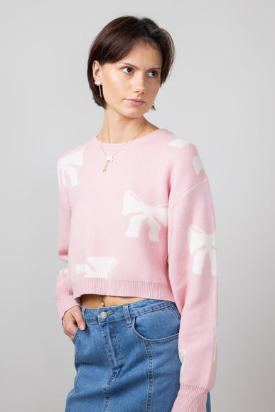 White Bow Sweater for Women in Pink