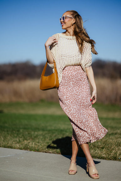 Ditsy Floral Midi Skirt for Women in Brown