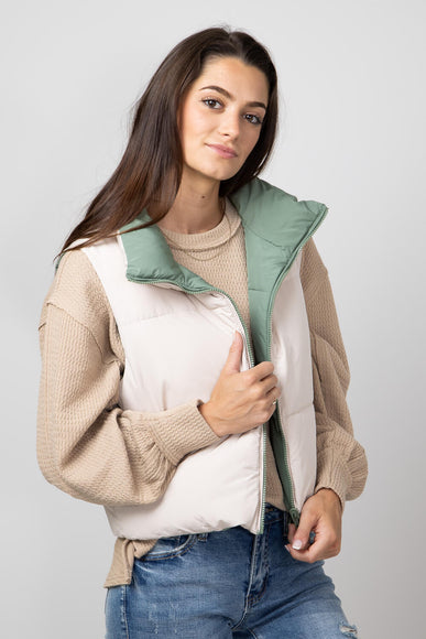 Love Tree Cropped Reversible Puffer Vest for Women in Olive/Beige 