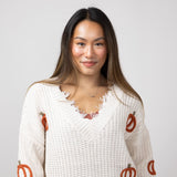 Pumpkin Patch V-Neck Frayed Sweater for Women in Ivory