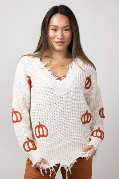 Pumpkin Patch V-Neck Frayed Sweater for Women in Ivory