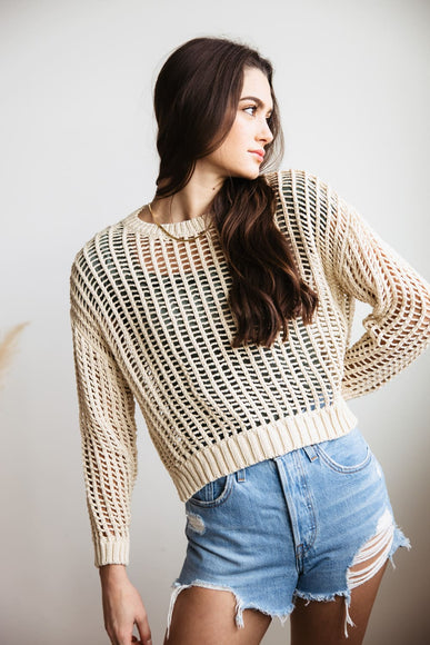 Crochet Long Sleeve Top for Women in Natural