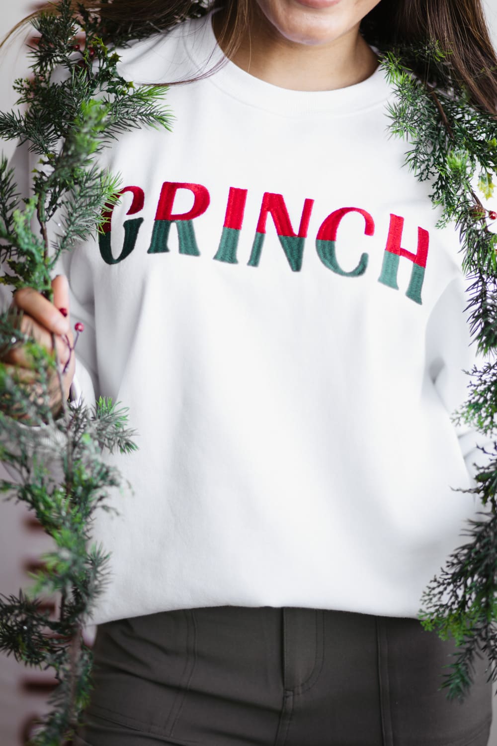 1897 Active Ombre Grinch Embroidered Fleece Sweatshirt for Women in Wh Glik s