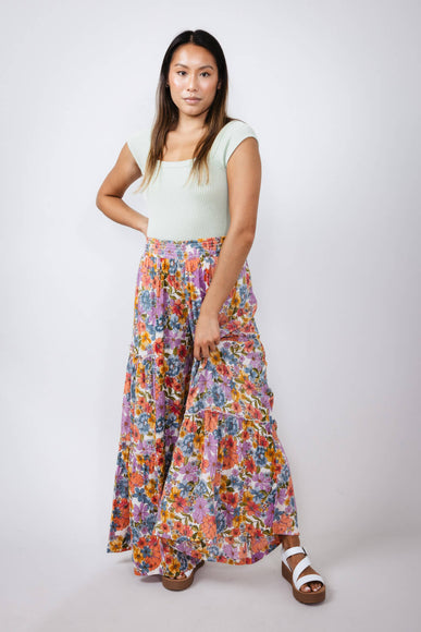 Tiered Floral Beach Pant for Women in White Multi