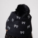 C.C. Rhinestone Mini Bow Pom-Pom Beanie for Women in Black