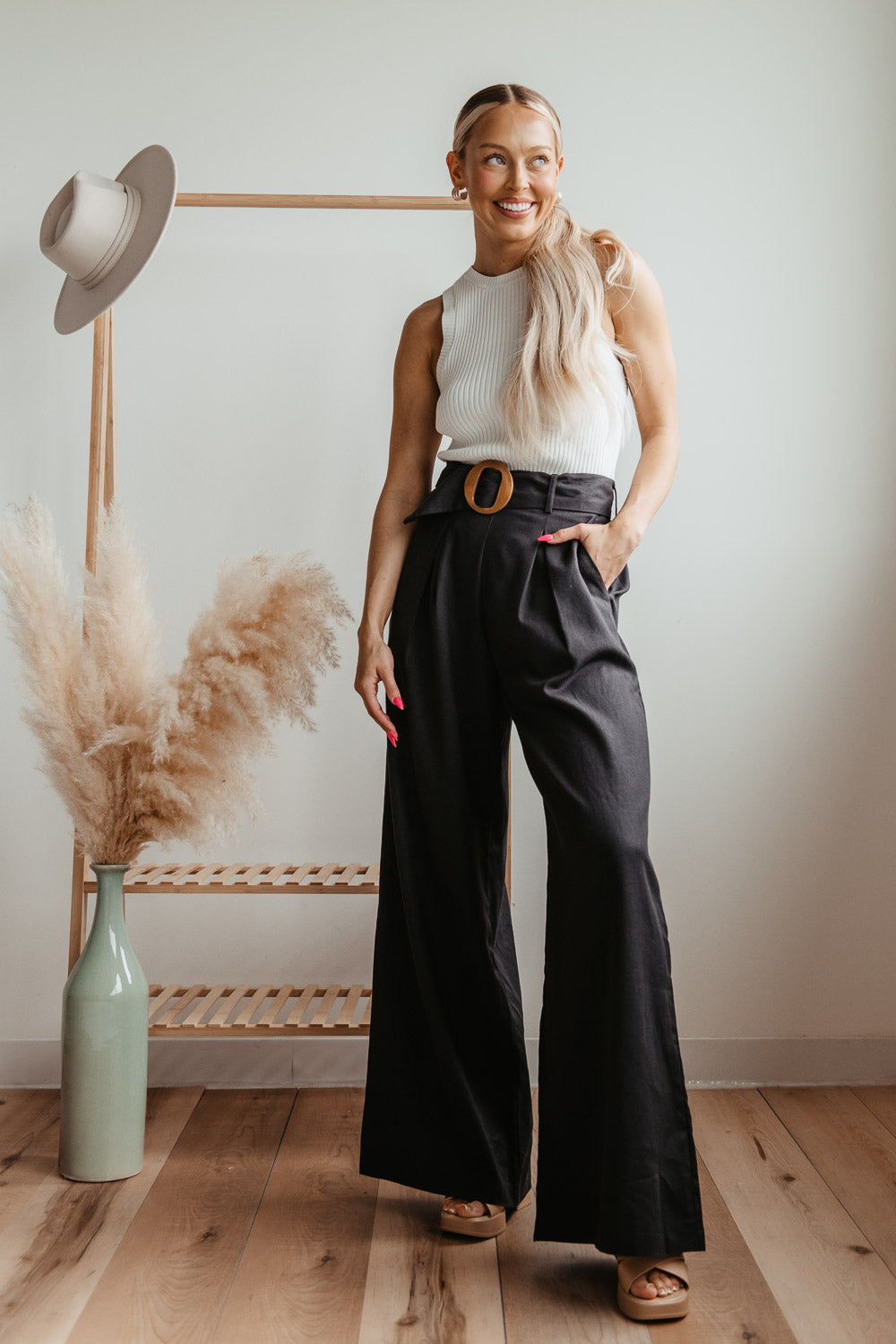 Mustard Seed Belted Wide Leg Beach Pants for Women in Black | S21335-B ...