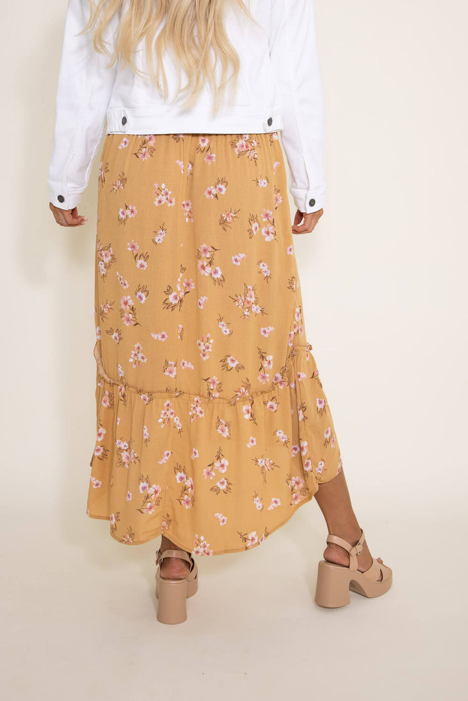 Pink Rose Hi-Low Midi Skirt for Women in Mustard Floral 