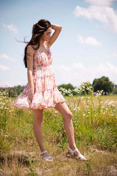 Floral Tiered Mini Dress for Women in Ivory Pink