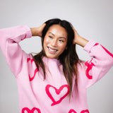 Long Sleeve Pink Hearted Sweater for Women in Pink 