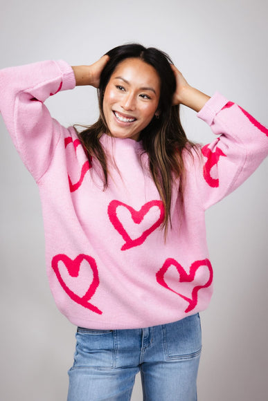 Long Sleeve Pink Hearted Sweater for Women in Pink 