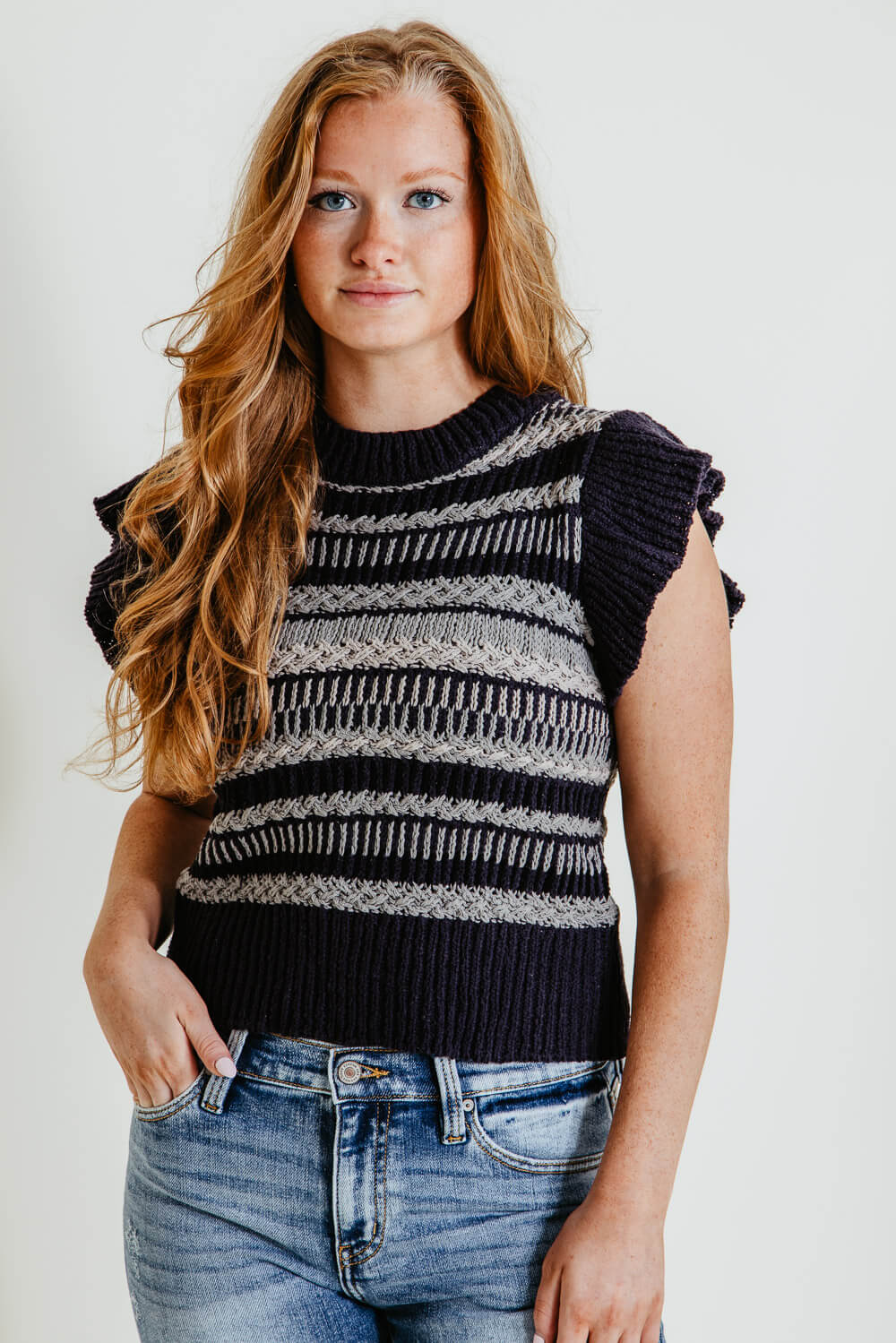 Elan Textured Short Sleeve Sweater for Women in Navy Multi