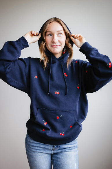 1897 Active All Over Cherry Embroidered Hoodie for Women in Navy