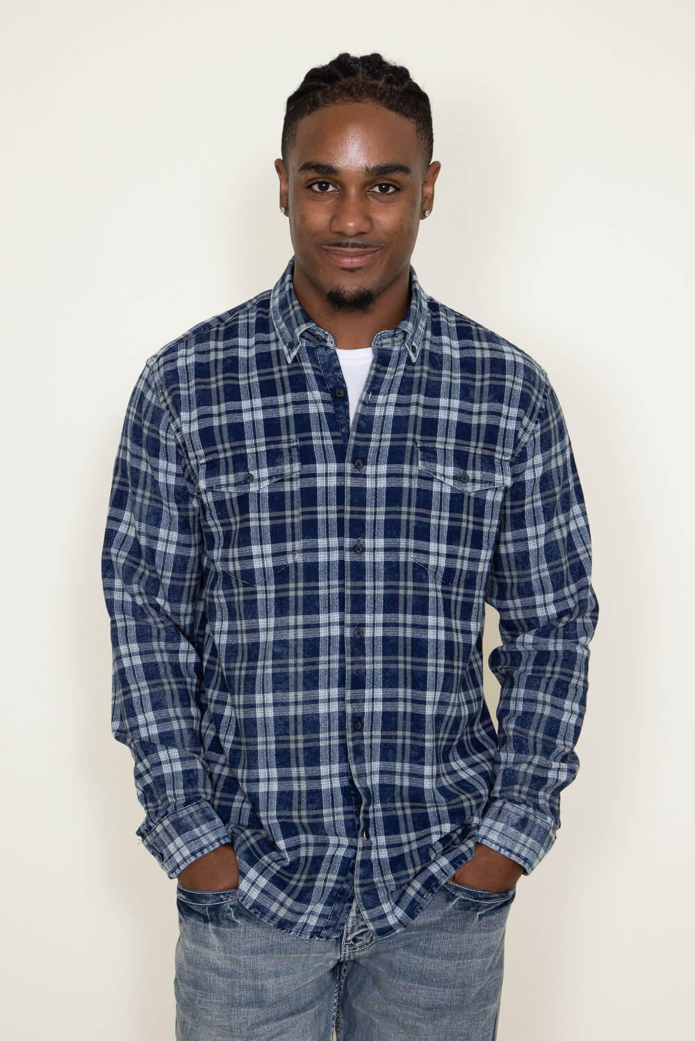 Washed Cotton Plaid Flannel Shirt for Men in Blue Olive | C605-INDIGOO ...