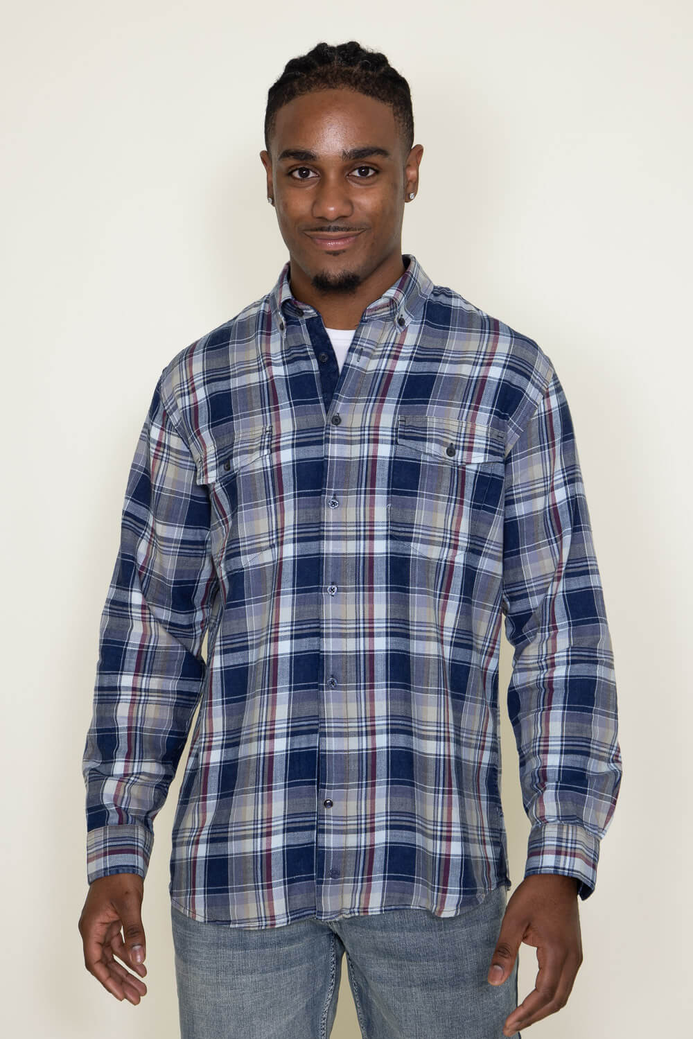 Washed Cotton Plaid Flannel Shirt for Men in Blue Taupe | C601-INDIGOT ...