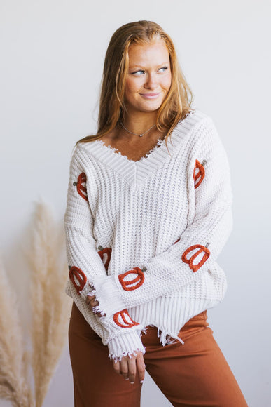 Pumpkin Patch V-Neck Frayed Sweater for Women in Ivory