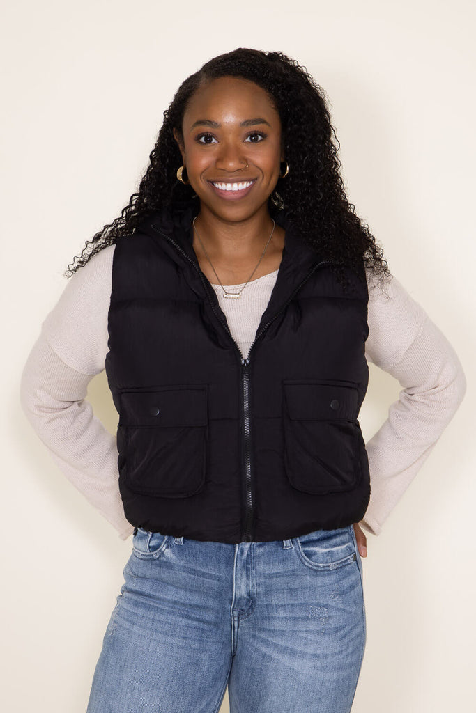 Womens black puffer shop vest with hood