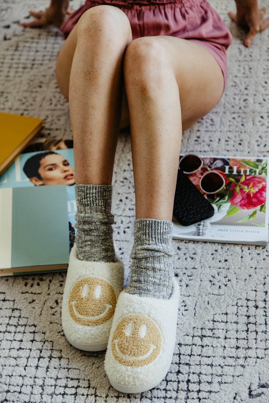 MIA Smiley Face Slippers for Women in Oatmeal/White