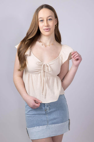 Front Ruched Tie Waist Gauze Top for Women in Natural