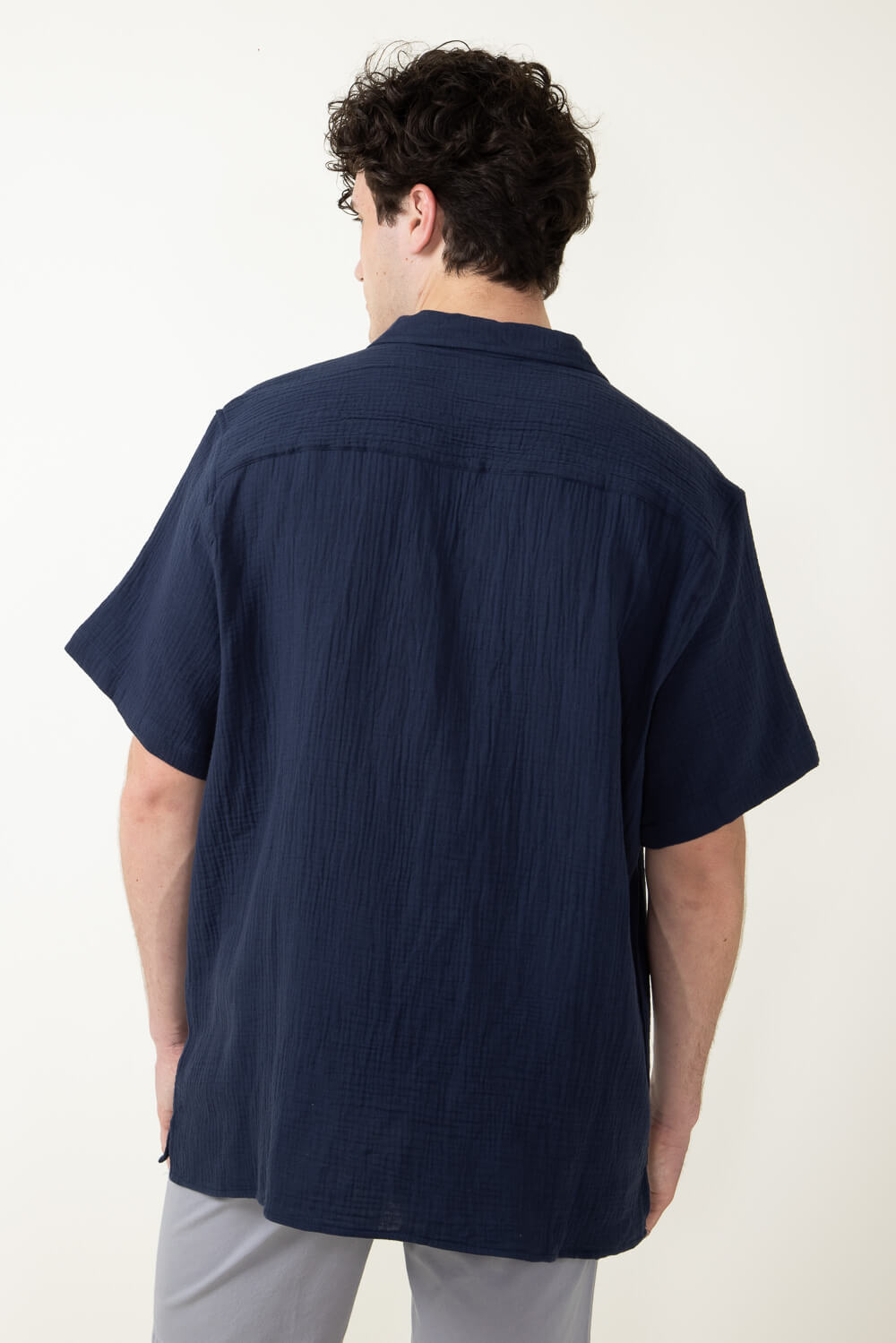 Woven Gauze Button Up for Men in Navy