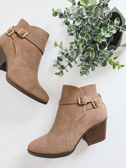 Soda Nadine Buckle Booties for Women in Mid Tan 