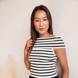 ACOA Off Shoulder Stripe Top for Women in White/Black