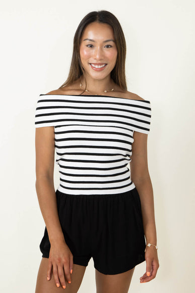 ACOA Off Shoulder Stripe Top for Women in White/Black