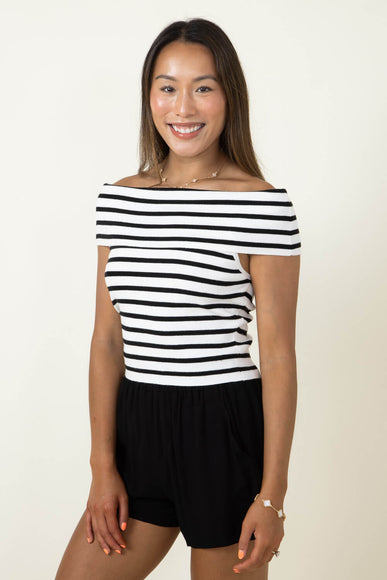 ACOA Off Shoulder Stripe Top for Women in White/Black