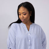 Pinstripe Split Neck Button Front Top for Women in Navy