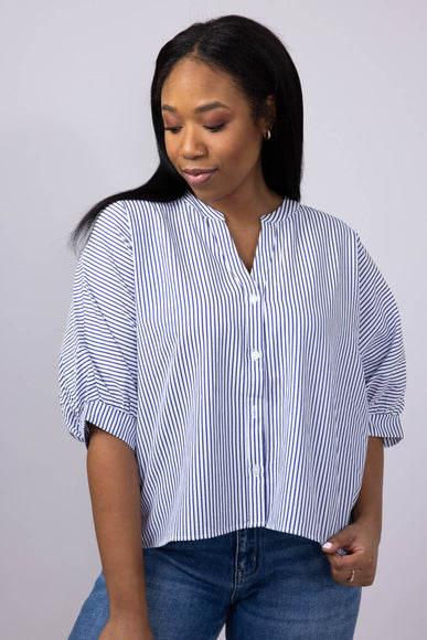 Pinstripe Split Neck Button Front Top for Women in Navy