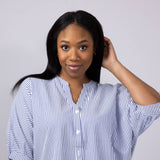 Pinstripe Split Neck Button Front Top for Women in Navy